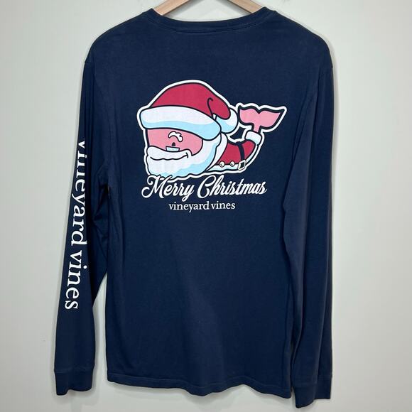 Vineyard Vines Blue Pocket T-Shirt Size S Long Sleeves Santa Merry Christmas - Picture 1 of 9